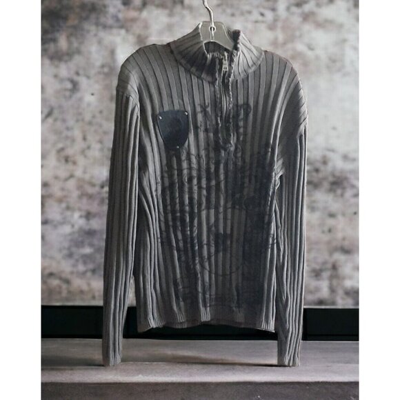 INC Mens Sweater L Skull Patch Tatoo Goth Graphic Turtle Neck 1/4 Zip Ribbed - Picture 1 of 16